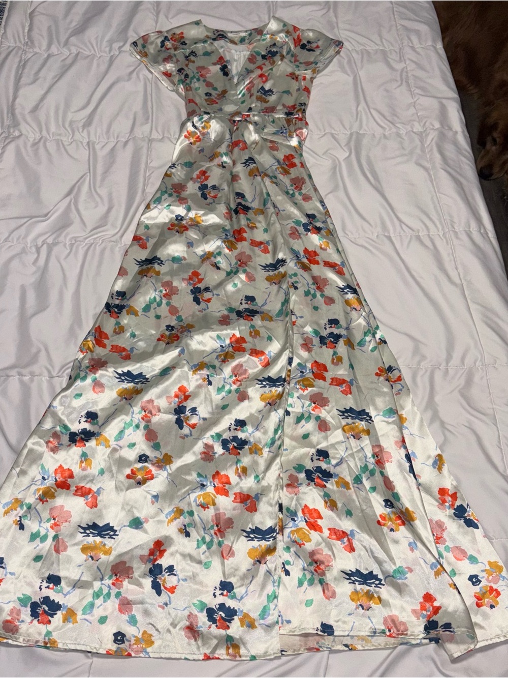 TULAROSA Maxi Adjustable Wrap Dress Bloom XL Satin Silky Floral Short Sleeve